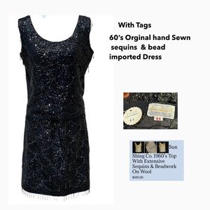 60’s Flapper Black vintage sequined & bead cocktail dress imported origi…